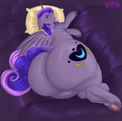 Size: 3525x3500 | Tagged: suggestive, artist:derpx1, author:bigonionbean, derpibooru import, princess cadance, princess luna, oc, oc:princess luminescent love, alicorn, pony, alicorn oc, bed, butt, commissioner:bigonionbean, cushion, cutie mark, disproportional anatomy, embarrassed, ethereal mane, extra thicc, female, flank, fusion, fusion:princess luminescent love, high res, horn, huge butt, hyper, hyper butt, image, impossibly large butt, large butt, lying down, mare, pillow, plot, png, sleeping, wings