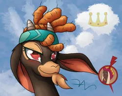 Size: 1280x1003 | Tagged: safe, artist:swasfews, derpibooru import, goat, them's fightin' herds, captain bravura (tfh), community related, crown, female, image, jewelry, jpeg, regalia, shanty (tfh), sky, smiling, smirk, wind blowing