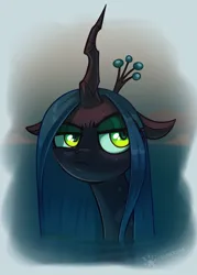 Size: 2926x4096 | Tagged: safe, artist:taneysha, derpibooru import, queen chrysalis, changeling, changeling queen, bust, eyeshadow, female, floppy ears, image, jpeg, lidded eyes, makeup, pouting, solo