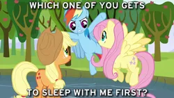 Size: 640x360 | Tagged: suggestive, derpibooru import, edit, edited screencap, screencap, applejack, fluttershy, rainbow dash, earth pony, pegasus, pony, keep calm and flutter on, season 3, apple, apple tree, appledash, applejack's hat, caption, cowboy hat, female, flood, flutterdash, food, hat, image, lesbian, one after another, png, rainbow dash gets all the mares, shipping, shipping fuel, sweet apple acres, text, tree