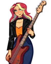 Size: 800x1000 | Tagged: safe, artist:4icamy, derpibooru import, sunset shimmer, human, bass guitar, blushing, choker, clothes, cute, denim, ear piercing, earring, eyeshadow, female, guitar, guitar pick, humanized, image, jacket, jeans, jewelry, leather, leather jacket, makeup, musical instrument, nail polish, pants, piercing, png, shimmerbetes, short shirt, simple background, solo, spiked choker, white background