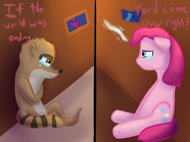 Size: 1080x810 | Tagged: safe, derpibooru import, pinkie pie, twilight sparkle, earth pony, pony, raccoon, crossover, crossover shipping, crying, female, image, instagram, jpeg, leaning, male, mare, mordecai, mordetwi, regular show, rigby, rigbypie, sad, shipping, straight, text