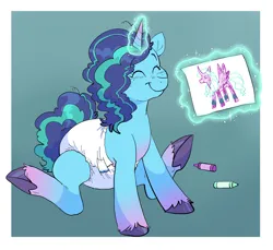 Size: 2157x1979 | Tagged: suggestive, artist:sheepypeepy, derpibooru import, opaline, unicorn, g5, my little pony: make your mark, spoiler:g5, spoiler:my little pony: make your mark, adult foal, crayon, crayon drawing, cute, diaper, diaper fetish, fetish, image, misty brightdawn, mistybetes, non-baby in diaper, png, traditional art