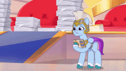 Size: 520x293 | Tagged: safe, derpibooru import, screencap, queen haven, pegasus, pony, my little pony: tell your tale, spoiler:g5, spoiler:my little pony: tell your tale, spoiler:tyts01e17, animated, duo, female, g5, gif, guardsmare, image, mare, paper, pegasus royal guard, phone, queens for a day, royal guard, zoom zephyrwing