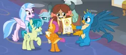 Size: 1136x499 | Tagged: safe, derpibooru import, screencap, gallus, ocellus, sandbar, silverstream, smolder, yona, changedling, changeling, classical hippogriff, dragon, earth pony, gryphon, hippogriff, pony, yak, friendship university, cropped, image, png, student six