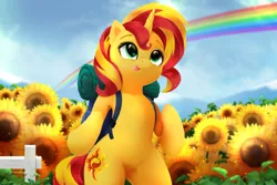 Size: 2700x1800 | Tagged: safe, artist:darksly, derpibooru import, sunset shimmer, pony, unicorn, :p, backpack, bag, bipedal, cute, female, fence, flower, grass, image, jpeg, mare, rainbow, shimmerbetes, solo, standing on two hooves, sunflower, tongue out