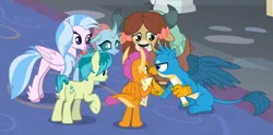 Size: 1019x505 | Tagged: safe, derpibooru import, screencap, gallus, ocellus, sandbar, silverstream, smolder, yona, changedling, changeling, classical hippogriff, dragon, earth pony, gryphon, hippogriff, pony, yak, friendship university, cropped, image, png, student six