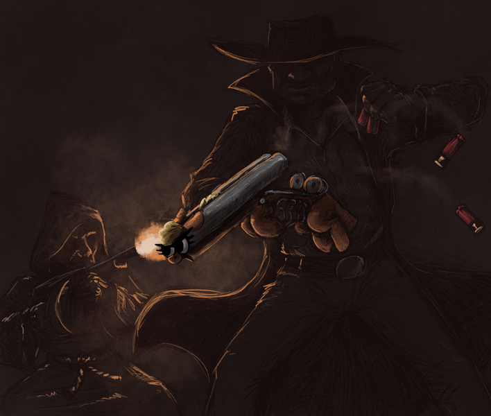 Size: 2750x2330 | Tagged: safe, artist:t72b, derpibooru import, ponified, gun pony, human, object pony, original species, pony, blood (game), clothes, coat, cultist, dark, double barrel shotgun, floppy ears, gun, hat, holding a pony, image, limited palette, night, not salmon, open mouth, png, reference, robe, shells, shooting, shotgun, simple background, smoke, trenchcoat, wat, weapon, weapon pony