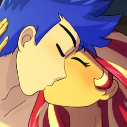 Size: 500x500 | Tagged: suggestive, artist:riouku, derpibooru import, flash sentry, sunset shimmer, equestria girls, blushing, cropped, cropped porn, duo, eyes closed, female, flashimmer, image, jpeg, kissing, male, shipping, straight
