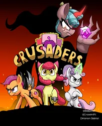 Size: 3000x3700 | Tagged: safe, artist:begoliah, derpibooru import, apple bloom, cozy glow, scootaloo, sweetie belle, earth pony, pegasus, unicorn, comic:crusaders, cover, cover art, crystal, cutie mark crusaders, fire, image, jpeg, magic, prosthetics, red eyes