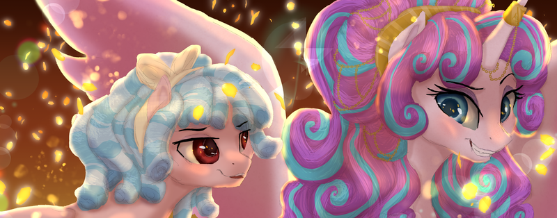 Size: 2900x1139 | Tagged: safe, artist:shaslan, derpibooru import, cozy glow, princess flurry heart, alicorn, pegasus, cozyheart, female, image, lesbian, png, shipping