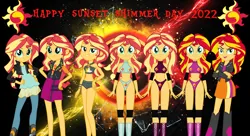 Size: 2980x1625 | Tagged: suggestive, artist:diegator007, artist:invisibleink, derpibooru import, edit, sunset shimmer, equestria girls, belly button, bikini, breasts, clothes, elbow pads, image, knee pads, multeity, png, sports bra, sports panties, sunset shimmer day, swimsuit, wrestler