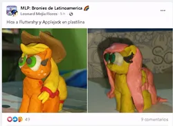 Size: 717x525 | Tagged: safe, derpibooru import, applejack, fluttershy, pony, eye bulging, facebook, image, jpeg, plasticine, reaction, wide eyes