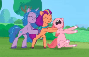 Size: 301x194 | Tagged: safe, derpibooru import, screencap, izzy moonbow, sunny starscout, earth pony, pegasus, pony, unicorn, my little pony: tell your tale, zipp's flight school, spoiler:g5, spoiler:my little pony: tell your tale, spoiler:tyts01e02, adorable distress, animated, cropped, cute, female, flailing, g5, gif, image, mare, nose in the air, open mouth, scared, trio, volumetric mouth, windy (g5)