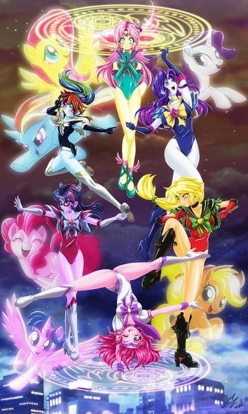 Size: 2396x3995 | Tagged: suggestive, alternate version, artist:mauroz, derpibooru import, applejack, fluttershy, pinkie pie, rainbow dash, rarity, twilight sparkle, alicorn, earth pony, human, pegasus, pony, unicorn, equestria girls, absurd file size, anime, book, breasts, clothes, cosplay, costume, eye clipping through hair, eyebrows, eyebrows visible through hair, female, females only, gloves, high res, horn, image, leotard, long gloves, mane six, one eye closed, open mouth, open smile, peace sign, png, sailor moon, smiling, tongue out