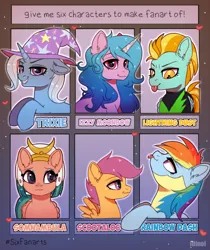 Size: 906x1080 | Tagged: safe, artist:dinoalpaka, derpibooru import, izzy moonbow, lightning dust, rainbow dash, scootaloo, somnambula, trixie, earth pony, pegasus, pony, unicorn, six fanarts, clothes, female, foal, g5, horn, image, mare, png, tongue out, uniform, washouts uniform, wings, wonderbolts uniform