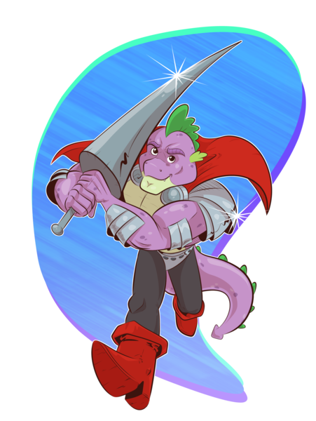 Size: 1600x2128 | Tagged: safe, artist:saturdaymorningproj, derpibooru import, spike, dragon, adult, adult spike, armor, beefspike, cape, clothes, gigachad spike, image, knight, knight spike, lance, male, muscles, muscular male, older, older spike, png, running, simple background, weapon