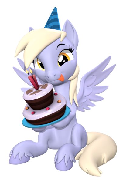 Size: 1080x1600 | Tagged: safe, artist:owlpirate, derpibooru import, derpy hooves, pegasus, pony, 3d, cake, cute, derpabetes, female, food, hat, hoof hold, image, licking, licking lips, mare, party hat, png, simple background, sitting, solo, source filmmaker, spread wings, tongue out, transparent background, unshorn fetlocks, wings