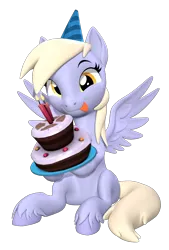 Size: 1080x1600 | Tagged: safe, artist:owlpirate, derpibooru import, derpy hooves, pegasus, pony, 3d, cake, cute, derpabetes, female, food, hat, hoof hold, image, licking, licking lips, mare, party hat, png, simple background, sitting, solo, source filmmaker, spread wings, tongue out, transparent background, unshorn fetlocks, wings