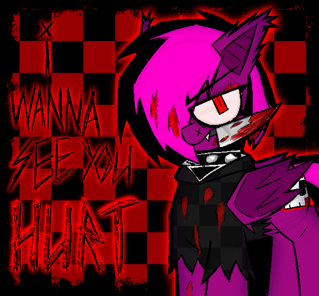 Size: 1240x1152 | Tagged: semi-grimdark, artist:xxv4mp_g4z3rxx, derpibooru import, oc, oc:violet valium, unofficial characters only, bat pony, pony, 1 800 pain, bat pony oc, bat wings, blood, blood on face, checkered background, clothes, collar, emo, eyeliner, fangs, female, hoodie, image, imminent death, knife, looking at you, lyrics, makeup, mare, png, red eyes, solo, spiked collar, text, torn clothes, two toned mane, wings