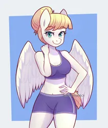 Size: 1700x2013 | Tagged: safe, artist:handgunboi, derpibooru import, anthro, pegasus, pony, breasts, cleavage, clothes, commission, compression shorts, female, hand on hip, image, jpeg, looking at you, mare, sports bra