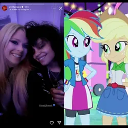 Size: 1200x1200 | Tagged: safe, derpibooru import, screencap, applejack, rainbow dash, equestria girls, avril lavigne, fefe dobson, female, image, jpeg, selfie