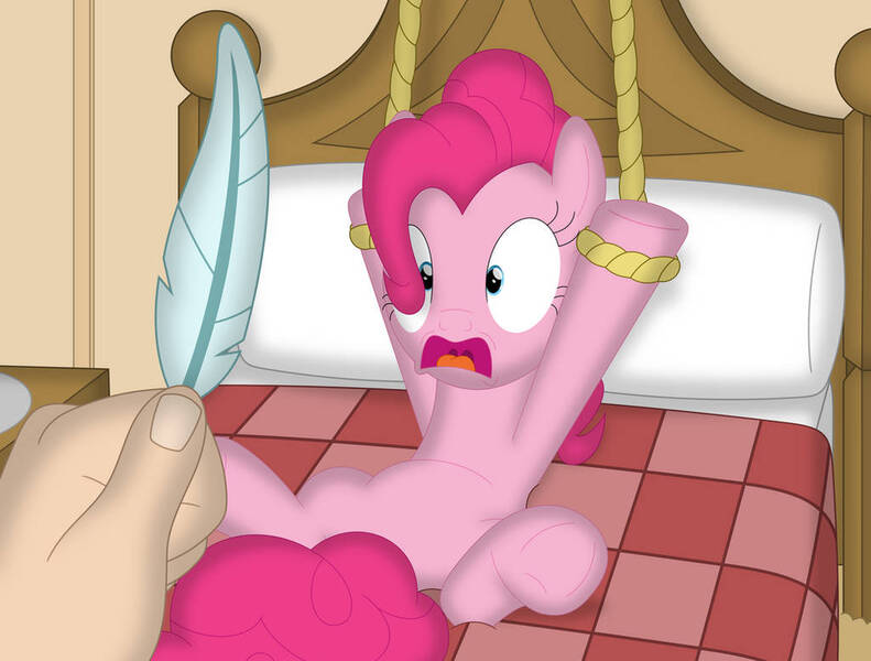 Size: 1026x778 | Tagged: safe, artist:porygon2z, derpibooru import, pinkie pie, earth pony, pony, bed, feather, hand, image, imminent tickles, jpeg, open mouth, rope, scared, tied to bed, underhoof