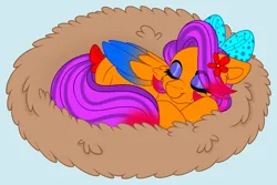 Size: 1280x855 | Tagged: safe, artist:missbramblemele, derpibooru import, oc, pegasus, pony, blue background, bow, female, hair bow, image, jpeg, mare, nest, simple background, sleeping, solo, tail, tail bow