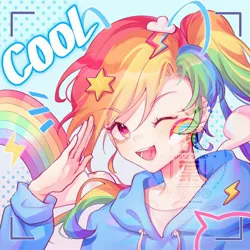 Size: 2000x2000 | Tagged: safe, artist:leafywind, derpibooru import, rainbow dash, human, anime, camera shot, clothes, cool, cute, dashabetes, face paint, hoodie, humanized, image, jpeg, looking at you, obtrusive watermark, one eye closed, open mouth, open smile, smiling, watermark, wink, winking at you