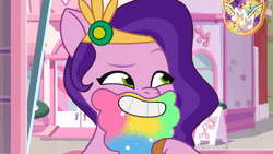 Size: 800x450 | Tagged: safe, derpibooru import, screencap, pipp petals, pegasus, pony, my little pony: tell your tale, spoiler:g5, spoiler:my little pony: tell your tale, spoiler:tyts01e28, animated, beard, calarts, devious smile, facial hair, female, g5, gif, image, mare, narrowed eyes, pippsqueaks forever, plotting, rainbow colors, smiling, solo, youtube link