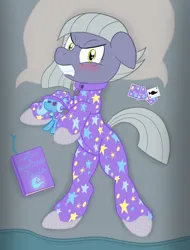 Size: 1556x2048 | Tagged: safe, artist:wingcommanderrudoji, derpibooru import, limestone pie, earth pony, pony, angry, bed, blushing, book, clothes, colored, female, flat colors, floppy ears, footed sleeper, footie pajamas, gritted teeth, image, implied trixie, looking at you, mare, onesie, pajamas, pillow, playing card, plushie, png, solo, teeth