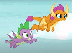 Size: 979x719 | Tagged: safe, derpibooru import, screencap, smolder, spike, dragon, father knows beast, cropped, dragoness, duo, female, flying, image, male, png, winged spike, wings