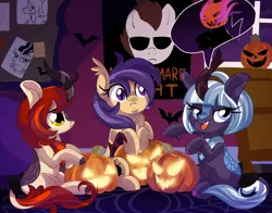 Size: 3299x2582 | Tagged: safe, artist:spookyle, derpibooru import, oc, oc:moonlit breeze, oc:pumpkin patch, oc:spookie, unofficial characters only, bat pony, kirin, pony, bat pony oc, bat wings, female, halloween, holiday, image, jack-o-lantern, kirin oc, mare, michael myers, png, pumpkin, wings