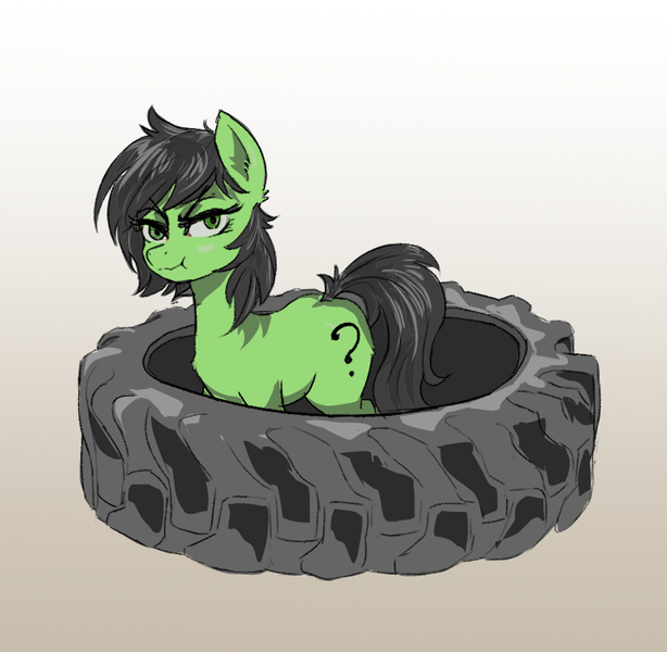 Size: 723x707 | Tagged: safe, artist:anonymous, oc, oc:anonfilly, earth pony, pony, /mlp/, blushing, drawthread, female, gradient background, grumpy, image, jpeg, looking at you, ponified animal photo, wheel tire