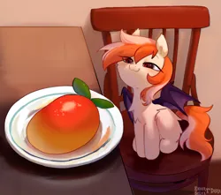 Size: 1500x1326 | Tagged: safe, artist:enderselyatdark, derpibooru import, oc, oc:night shade, unofficial characters only, bat pony, chair, cute, food, image, mango, meme, png, sitting, smug, solo, table