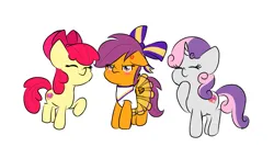 Size: 1735x1000 | Tagged: safe, artist:girlduog, derpibooru import, apple bloom, scootaloo, sweetie belle, earth pony, pegasus, pony, unicorn, apple bloom's bow, blushing, bow, cheerleader, cheerleader outfit, clothes, cross-popping veins, cutie mark, cutie mark crusaders, emanata, eyes closed, female, floppy ears, hair bow, image, png, scootaloo is not amused, smiling, the cmc's cutie marks, tomboy, tomboy taming, trio, trio female, unamused