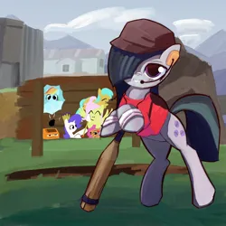 Size: 2000x2000 | Tagged: safe, artist:solid shrimp, derpibooru import, fluttershy, marble pie, rainbow dash, rarity, sunshower raindrops, oc, oc:peachy, earth pony, baseball bat, crossover, image, jpeg, leaning, scout, solo, team fortress 2