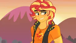 Size: 4000x2250 | Tagged: safe, artist:orin331, derpibooru import, sunset shimmer, human, equestria girls, clothes, equestria guys, geode of empathy, grin, image, leather, leather vest, looking away, magical geodes, male, png, rule 63, smiling, sun, sunset, sunset glare, sunset shimmer day, vest