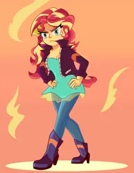 Size: 1700x2200 | Tagged: safe, artist:lifes-remedy, derpibooru import, sunset shimmer, equestria girls, boots, clothes, female, frown, hand on hip, high heel boots, image, pants, png, shoes, solo, unamused