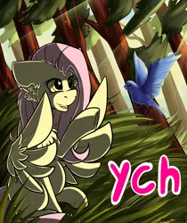 Size: 1576x1874 | Tagged: safe, artist:yuris, derpibooru import, oc, bird, pony, advertisement, auction, auction open, commission, cute, ear fluff, floppy ears, forest, grass, image, png, smiling, solo, spread wings, tree, wings, ych sketch, your character here