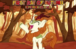 Size: 2064x1321 | Tagged: safe, artist:iknowpony, artist:not-yet-a-brony, derpibooru import, autumn blaze, kirin, 2022, a kirin tale, autumn, eyes closed, forest, image, open mouth, png, raised hoof, september, singing, smiling, tree, youtube link in the description