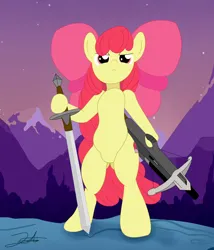 Size: 6000x7000 | Tagged: safe, artist:stormythetrooper, derpibooru import, apple bloom, earth pony, pony, absurd resolution, bipedal, crossbow, female, filly, foal, hoof hold, image, jpeg, solo, sword, weapon