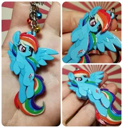 Size: 1043x1080 | Tagged: safe, artist:king franch, derpibooru import, rainbow dash, pegasus, pony, commission, cute, cyrillic, female, flying, g4, hand, handmade, holding, image, jpeg, keychain, looking down, mare, merchandise, sale, smiling, solo, spread wings, ukrainian, wings