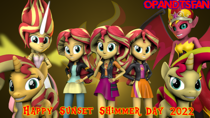 Size: 3840x2160 | Tagged: safe, artist:optimussparkle, derpibooru import, sunset shimmer, human, pony, unicorn, equestria girls, equestria girls series, 3d, crown, daydream shimmer, geode of empathy, human ponidox, image, jewelry, magical geodes, multeity, png, regalia, self paradox, self ponidox, shimmerstorm, source filmmaker, sunset satan, sunset shimmer day