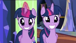 Size: 1920x1080 | Tagged: safe, derpibooru import, edit, edited screencap, screencap, twilight sparkle, twilight sparkle (alicorn), alicorn, changeling, pony, season 5, season 6, to where and back again, what about discord?, 1080p, coincidence i think not, comparison, cute, disguise, disguised changeling, faic, fake twilight, female, image, looking at you, mare, png, smiling, solo, twiabetes