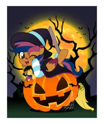 Size: 4188x5000 | Tagged: safe, artist:jhayarr23, derpibooru import, oc, oc:solar comet, pegasus, bandaid, bow, hat, image, one eye closed, png, pumpkin, sock, solo, tail, tail bow, wink, witch costume, witch hat