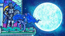 Size: 3840x2160 | Tagged: safe, artist:facadeart, derpibooru import, princess luna, alicorn, human, fanfic:the lunar guardsman, armor, balcony, commission, duo, ethereal mane, fanfic art, fimfiction, fimfiction.net link, flower, image, jewelry, jpeg, moon, regalia, shield, stained glass, stained glass window, starry mane, starry night, sword, weapon