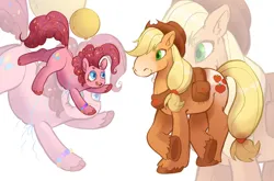 Size: 2048x1351 | Tagged: safe, artist:pinkponylemon, derpibooru import, applejack, pinkie pie, earth pony, pony, alternate design, bag, balloon, bracelet, crossed hooves, duo, duo female, ear fluff, female, floating, freckles, heart, heart eyes, hoers, image, jewelry, mare, open mouth, open smile, png, saddle bag, size difference, smiling, then watch her balloons lift her up to the sky, twitterina design, underhoof, unshorn fetlocks, wingding eyes, zoom layer
