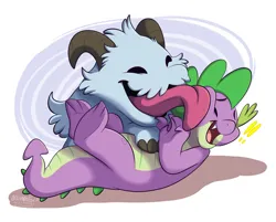 Size: 1838x1480 | Tagged: safe, artist:thedoggygal, derpibooru import, spike, dragon, cute, image, laughing, league of legends, licking, png, poro, spikabetes, squishy cheeks, tongue out