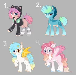 Size: 3700x3612 | Tagged: safe, artist:luminousdazzle, derpibooru import, oc, bat pony, earth pony, pegasus, pony, unicorn, adoptable, clothes, design, female, hair tie, headphones, hoodie, image, mare, markings, png, raised hoof, shy, smiling, socks, spread wings, wings